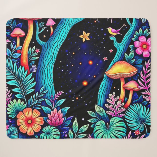 Manta Sherpa Neon Fantasy Forest Night Glow Design (Anverso (horizontal))