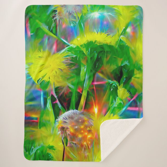 Manta Sherpa Neon Glow Dandelions en Dream Garden (Anverso)