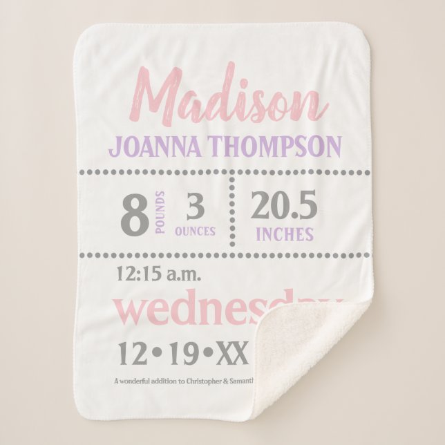 Manta Sherpa Niña bebé Invitación, rosa, púrpura, gris, huellas (Anverso)