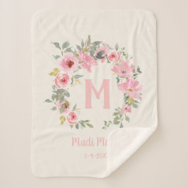 Manta Sherpa Niña Floral Rosa Hojas Verde Salvia Monograma