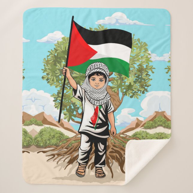 Manta Sherpa Niño con bandera palestina de Keffiyeh y olivo (Anverso)