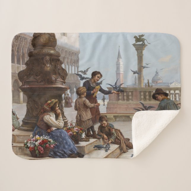 Manta Sherpa Niños alimentando palomas en Venecia (por Paoletti (Anverso (horizontal))