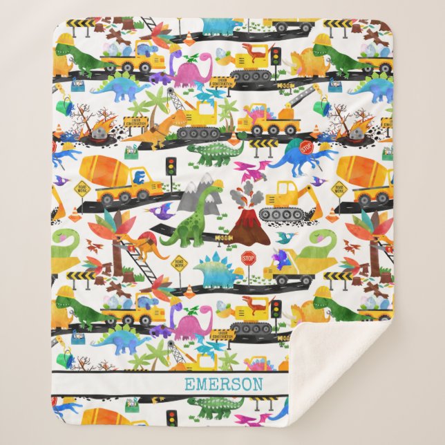 Manta Sherpa Niños de la construcción de dinosaurios acuarelas (Anverso)