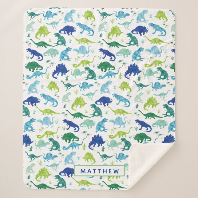 Manta Sherpa Niños dinosaurios azules y blancos personalizados (Anverso)
