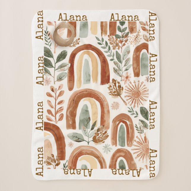 Manta Sherpa Nombre Boho Arcoíris Personalizado  (Anverso)