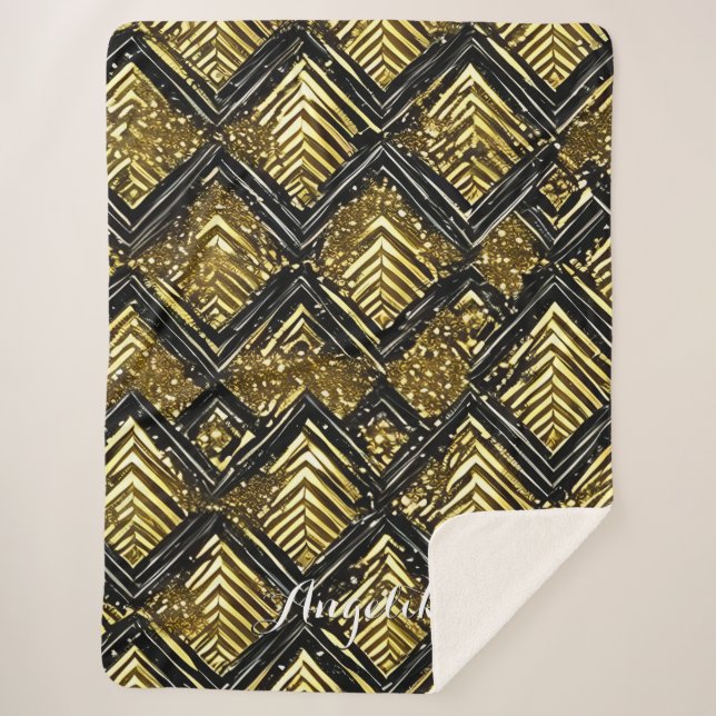 Manta Sherpa Nombre de cheurón personalizado oro y negro (Anverso)