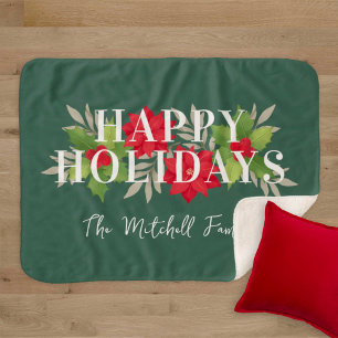 Manta Sherpa Nombre de familia Poinsettia Fiestas Felices Verde
