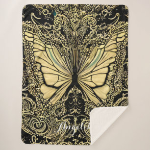 Manta Sherpa Nombre de las mariposas personalizado negra y dora