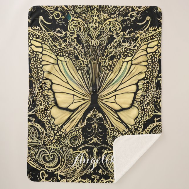 Manta Sherpa Nombre de las mariposas personalizado negra y dora (Anverso)
