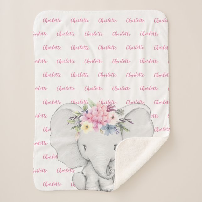Manta Sherpa Nombre del Chica personalizado rosa del elefante f (Anverso)