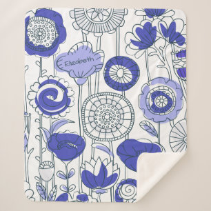 Manta Sherpa Nombre personalizado abstracto floral azul morado 