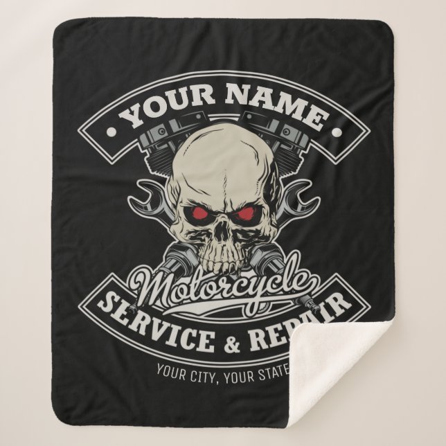 Manta Sherpa NOMBRE Personalizado Biker Mechanic Skull Motorcyc (Anverso)
