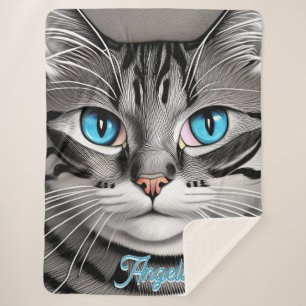 Manta Sherpa Nombre personalizado de gato gris de ojos turquesa