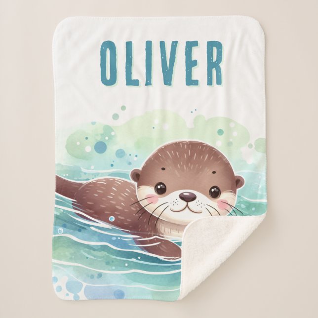 Manta Sherpa Nombre personalizado de Ilustracion de Otter (Anverso)
