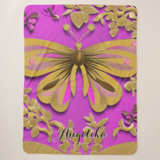 Manta Sherpa Nombre personalizado de la mariposa dorada rosada