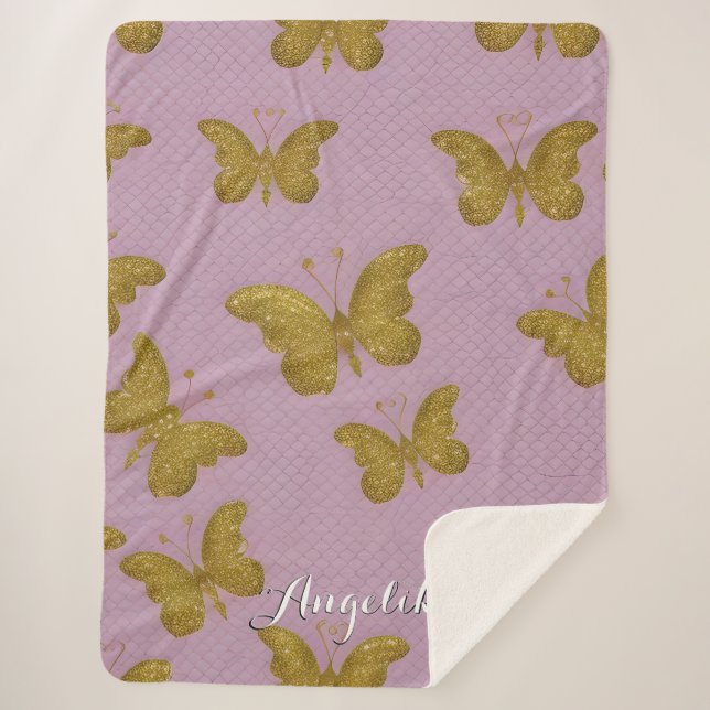 Manta Sherpa Nombre personalizado de las mariposas de oro (Anverso)