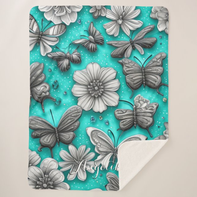 Manta Sherpa Nombre personalizado de las mariposas florales ver (Anverso)