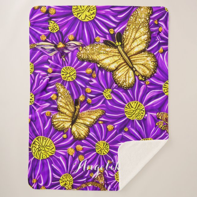 Manta Sherpa Nombre personalizado de mariposas y flores púrpura (Anverso)