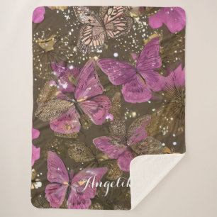 Manta Sherpa Nombre personalizado de mariposas y flores rosadas