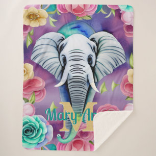 Manta Sherpa Nombre personalizado del elefante de acuarela flor