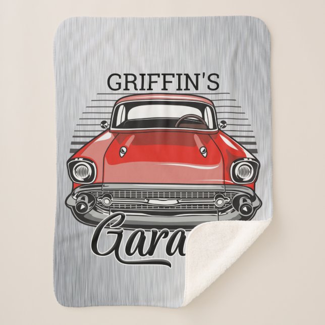 Manta Sherpa NOMBRE personalizado Retro Red Classic Car Garage (Anverso)
