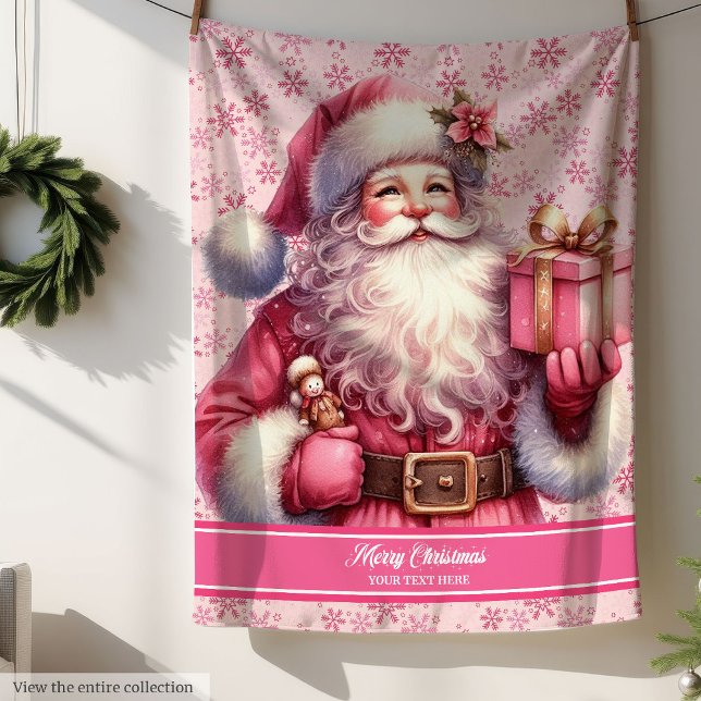 Manta Sherpa Nombre personalizado Santa Blanket rosa para regal (Custom Name Pink Santa Blanket for Girls Gift)