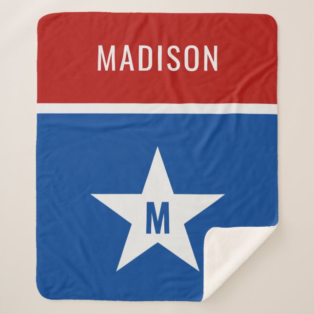 Manta Sherpa Nombre personalizado y rojo inicial, blanco y azul (Anverso)