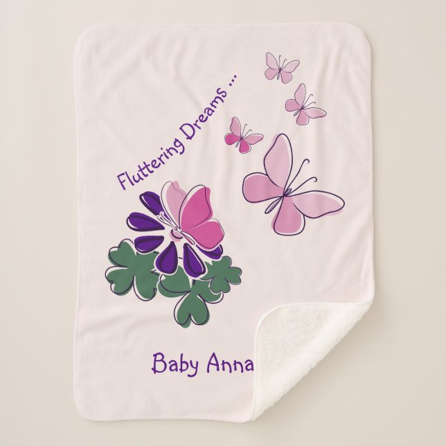 Manta Sherpa Nombre Pink Green Purple Doodle Blooms Butterflies (Anverso)
