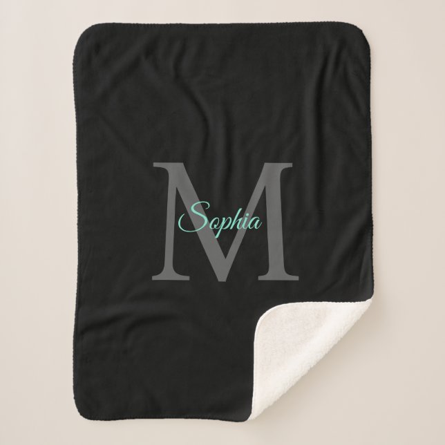 Manta Sherpa Nombre verde azulado, Monograma gris, funda del Sh (Anverso)