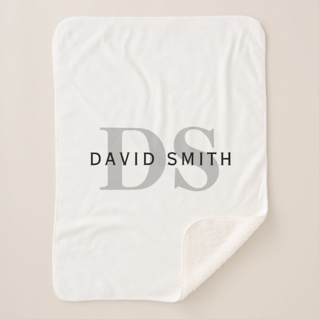 Manta Sherpa Nombre y monograma modernos | Blanco negro y gris (Anverso)