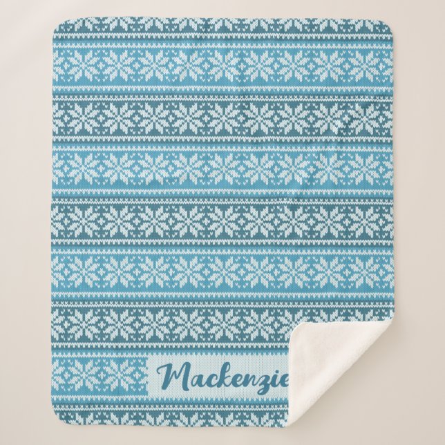 Manta Sherpa Nórdico Blue Snowflake Knit Sweater Personalizado (Anverso)