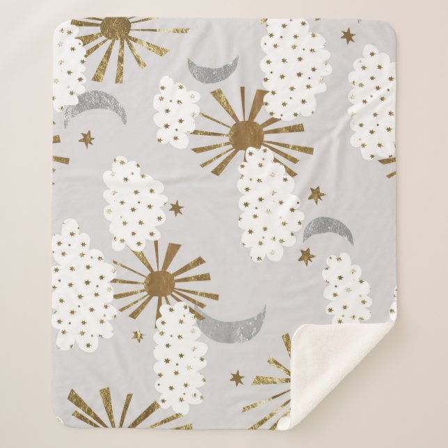 Manta Sherpa Nubes, sol y luna, patrón minimalista. (Anverso)