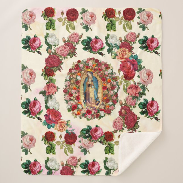 Manta Sherpa Nuestra Señora de Guadalupe Rosas Potpourri (Anverso)