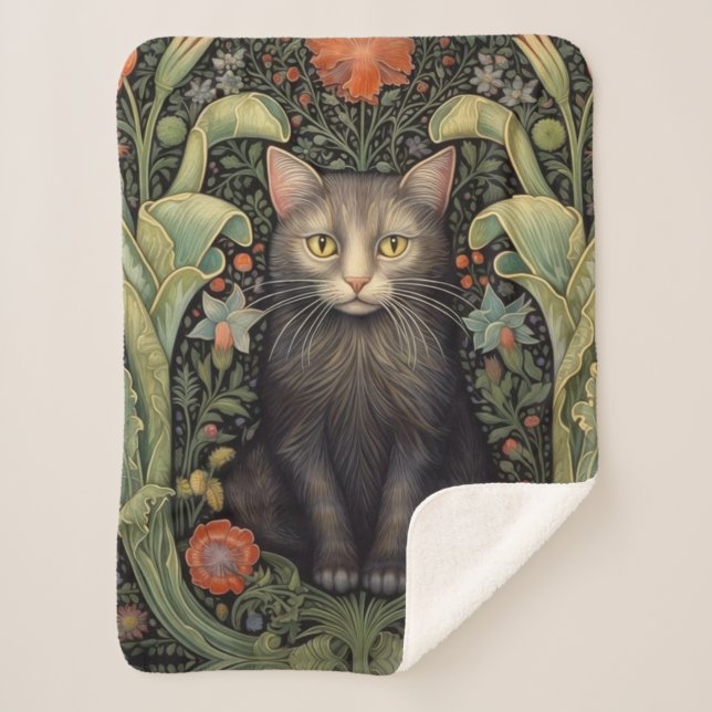 Manta Sherpa Nuevo arte gato negro y flores rojas (Anverso)
