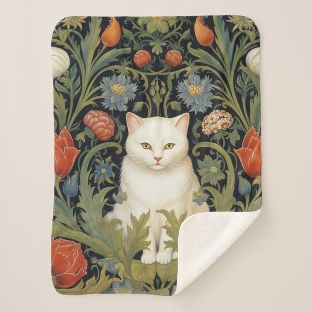 Manta Sherpa Nuevo gato blanco en el jardín (Anverso)