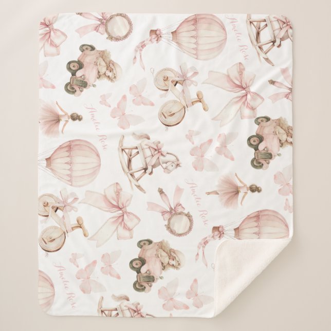 Manta Sherpa Nursera rosa vintage Nombre personalizado Bebé (Anverso)