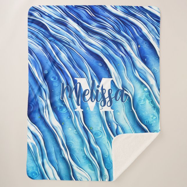 Manta Sherpa Ola Azul del Océano Monogramado (Anverso)