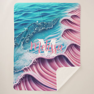 Manta Sherpa Ola rosa chocando contra la orilla Monograma