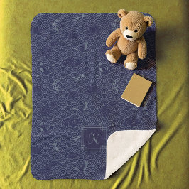 Manta Sherpa Ola Tradicional Japonesa Azul Monograma Seigaiha