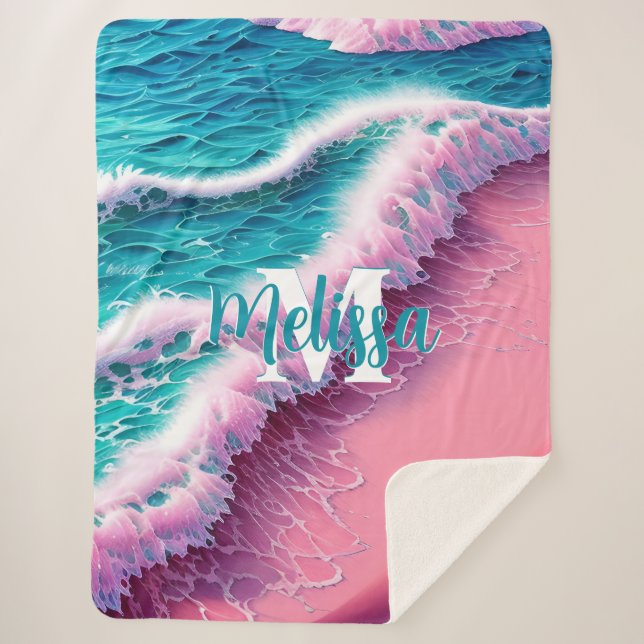 Manta Sherpa Olas de verano en monograma rosa II (Anverso)
