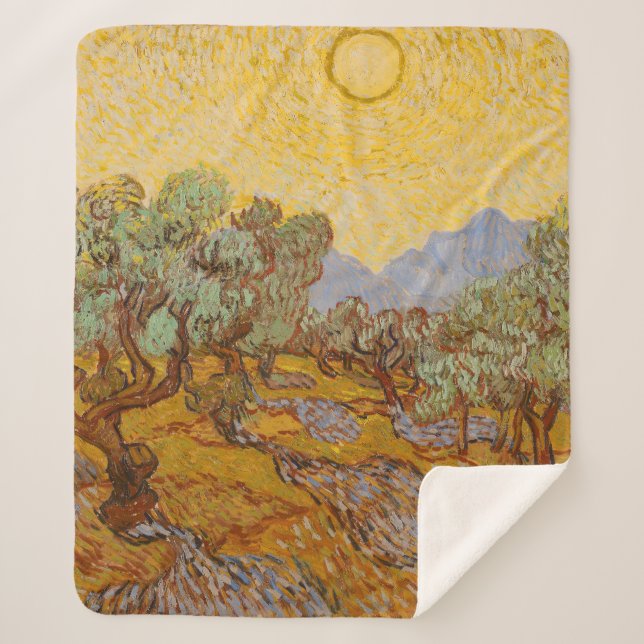 Manta Sherpa Olivos de Van Gogh Cielo Sol Amarillo (Anverso)