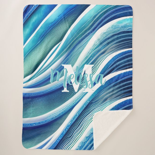 Manta Sherpa Ondas abstractas de monograma en azul y verde (Anverso)