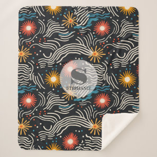 Manta Sherpa Ondas florales vibrantes abstractas en negro