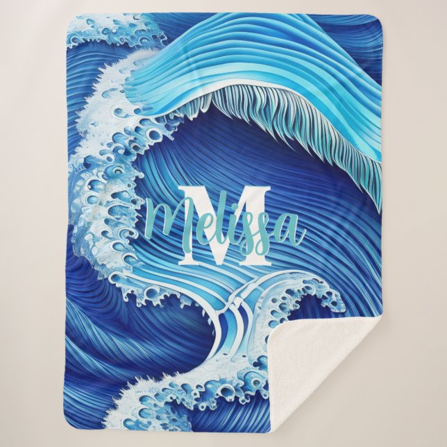 Manta Sherpa Ondas oceánicas azules de monograma (Anverso)