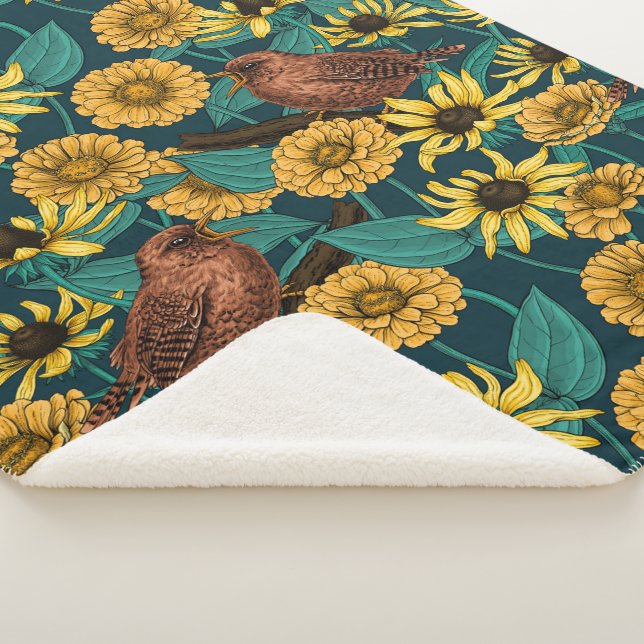 Manta Sherpa Ondas y flores en azul oscuro (3/4)