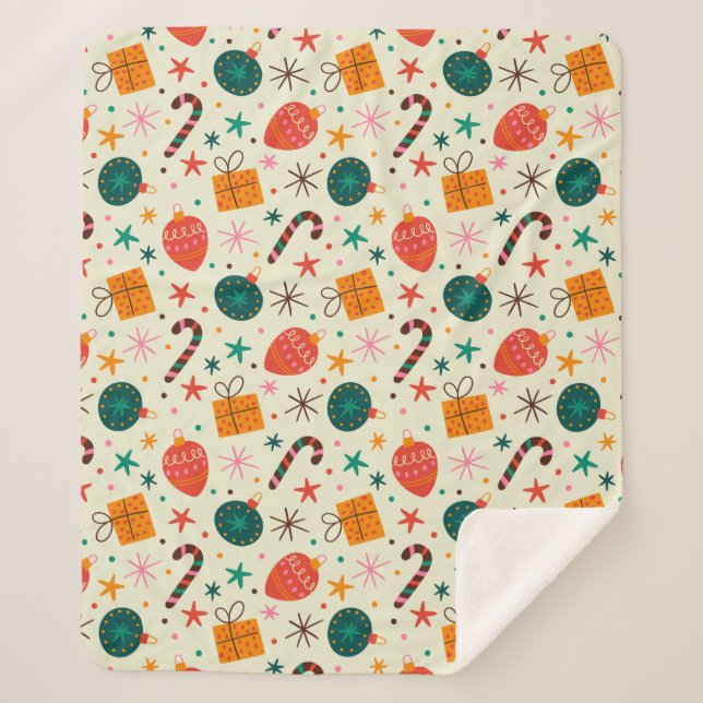 Manta Sherpa Ornamento y patrón de regalo de Navidad retro (Anverso)
