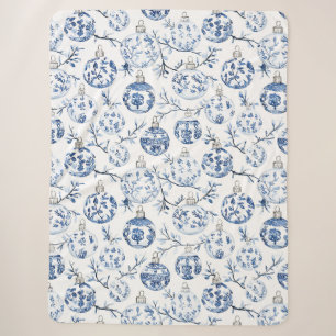 Manta Sherpa Ornamentos de Navidad Floral de Moda Blanca Azul