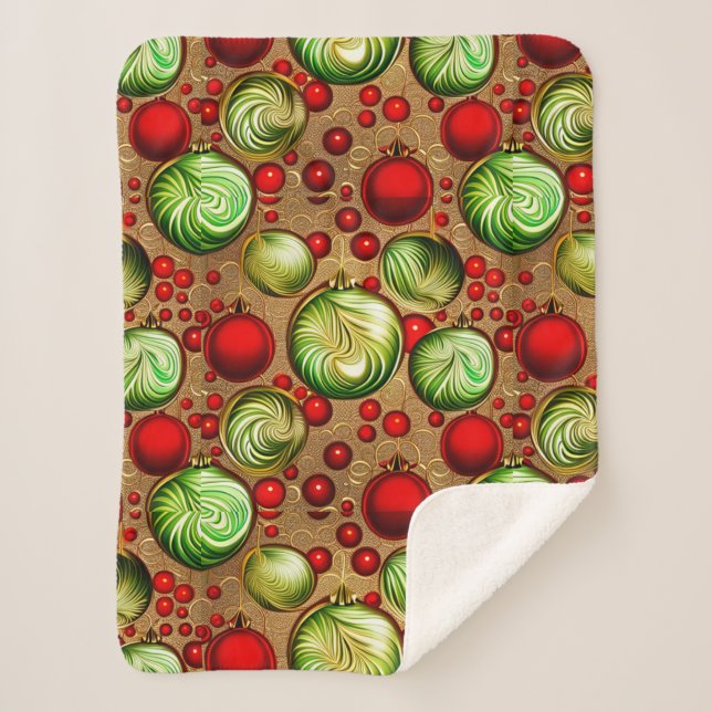 Manta Sherpa Ornamentos rojos y verdes (Anverso)