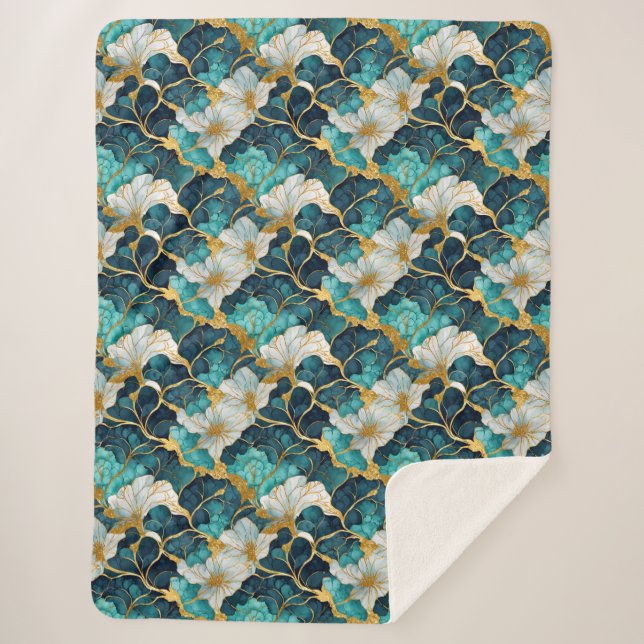 Manta Sherpa Oro Verde azulado floral japonés (Anverso)