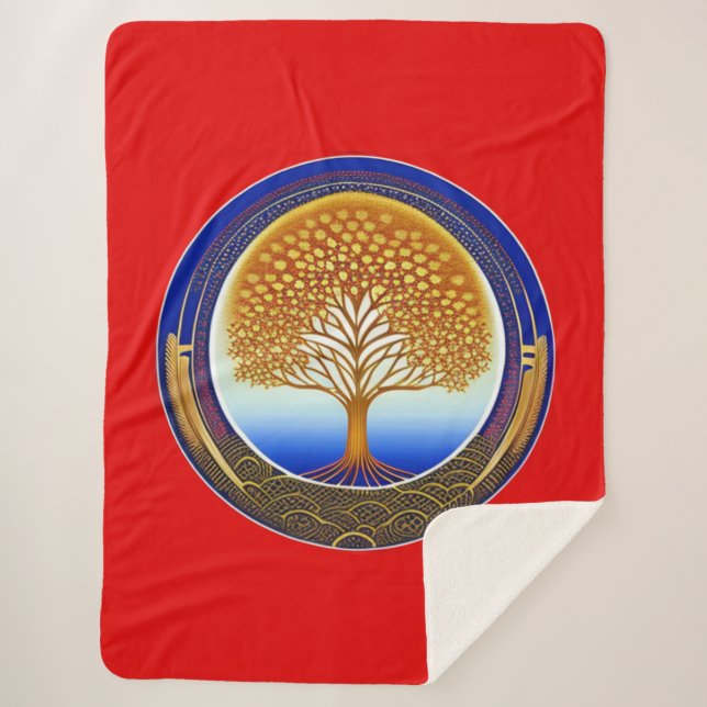 Manta Sherpa Oro y árbol cian de la vida (Anverso)